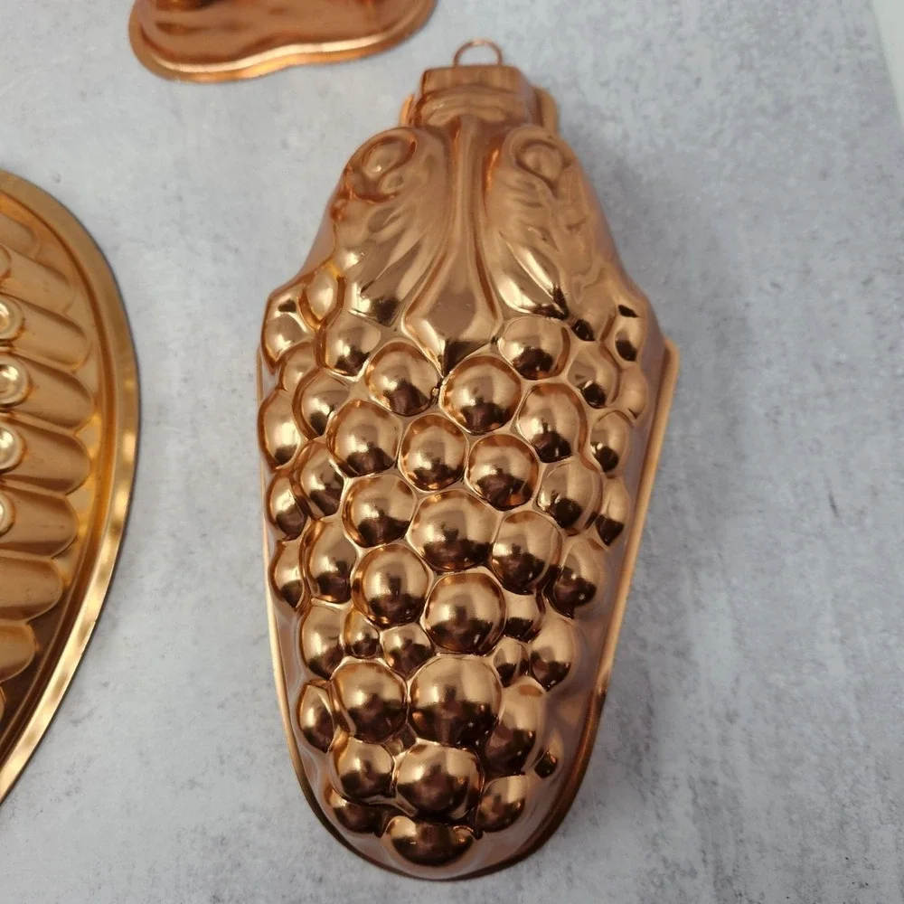 Set of 3 Vintage Copper Gelatin Molds Heart, Fish & Grapes Old Dutch Jello Cake